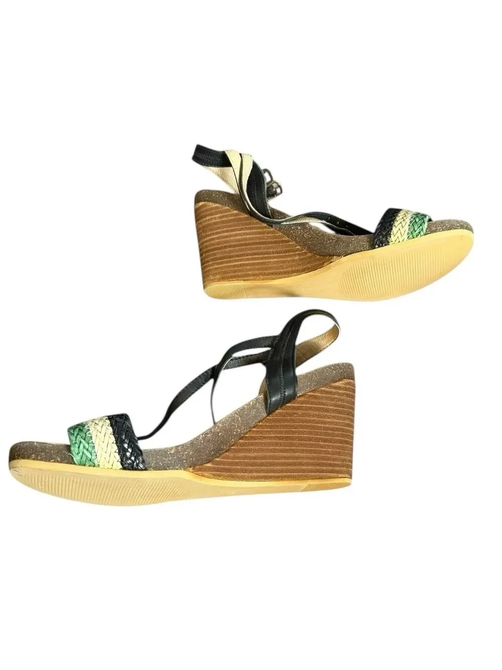Diba Leather Comfort Wedge Statement Sandals Green Blue 9.5